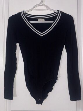 Heart Hips Black Long Sleeve V-Neck Bodysuit with White Stripe Trim